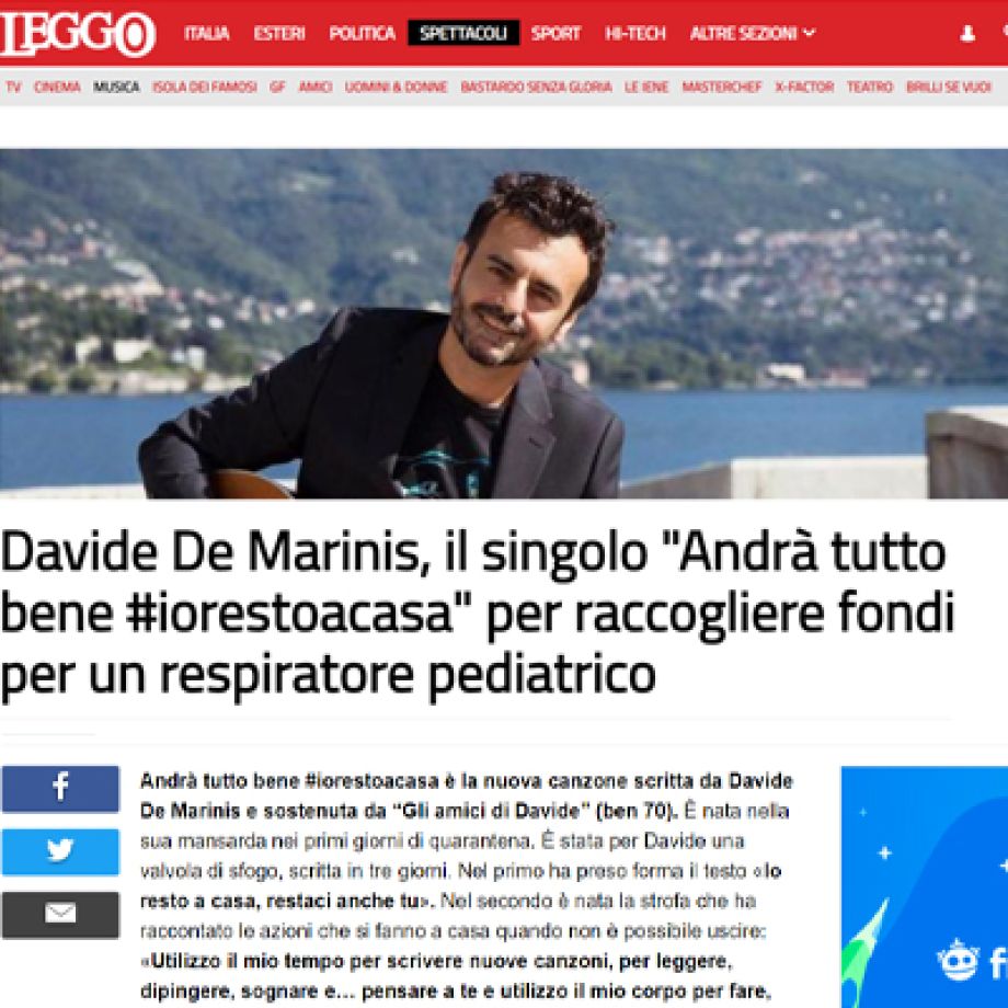 Davide De Marinis, il singolo "Andrà tutto bene #iorestoacasa" per raccogliere fondi per un respiratore pediatrico