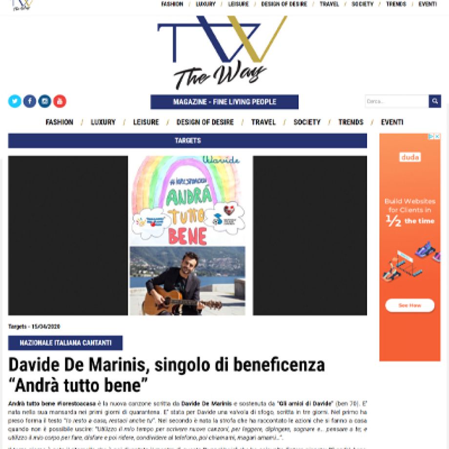 Davide De Marinis, singolo di beneficenza “Andrà tutto bene”