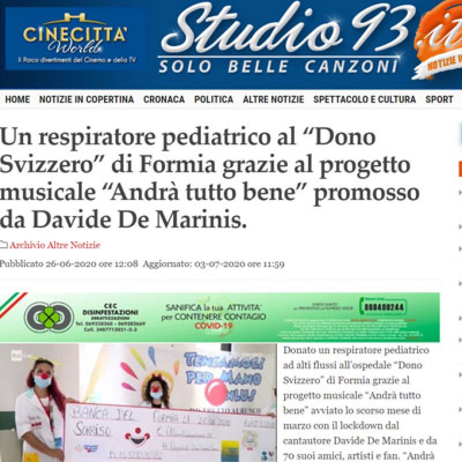 Un respiratore pediatrico al Dono Svizzero di Formia grazie al progetto musicale Andrà tutto bene