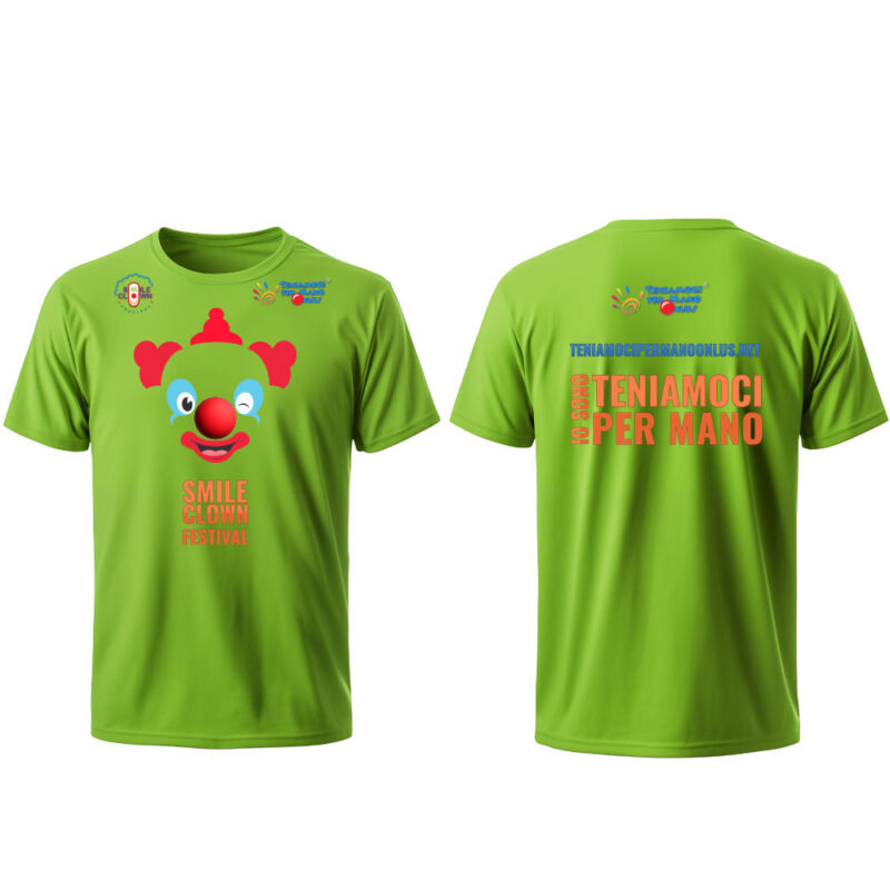 Tshirt Teniamoci Per Mano Smile Clown Festival 2024 di colore verdelime unisex